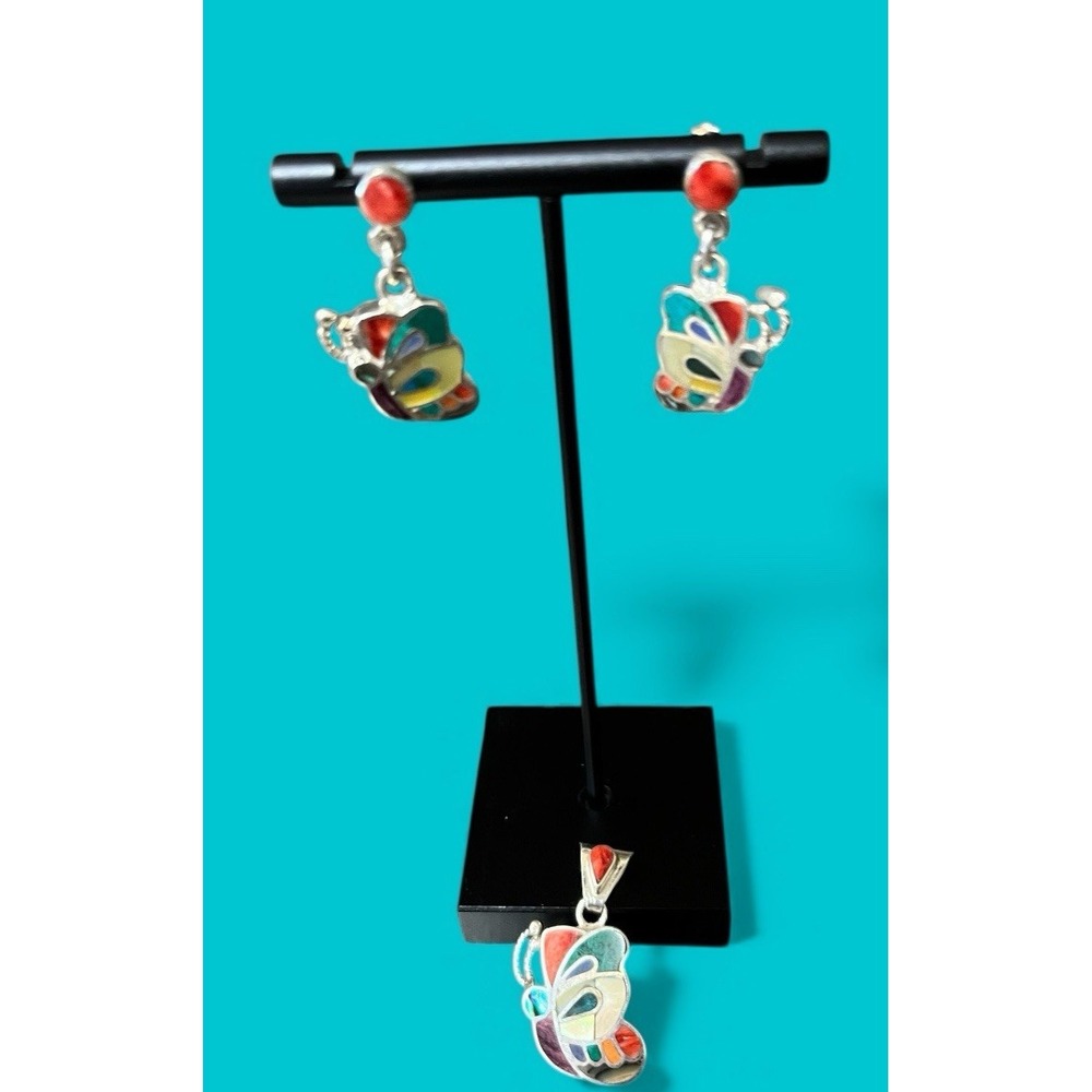 Butterfly Earrings & Pendant Set UH‎ Mosaic Jewelry Sterling Silver 950 Peruvian